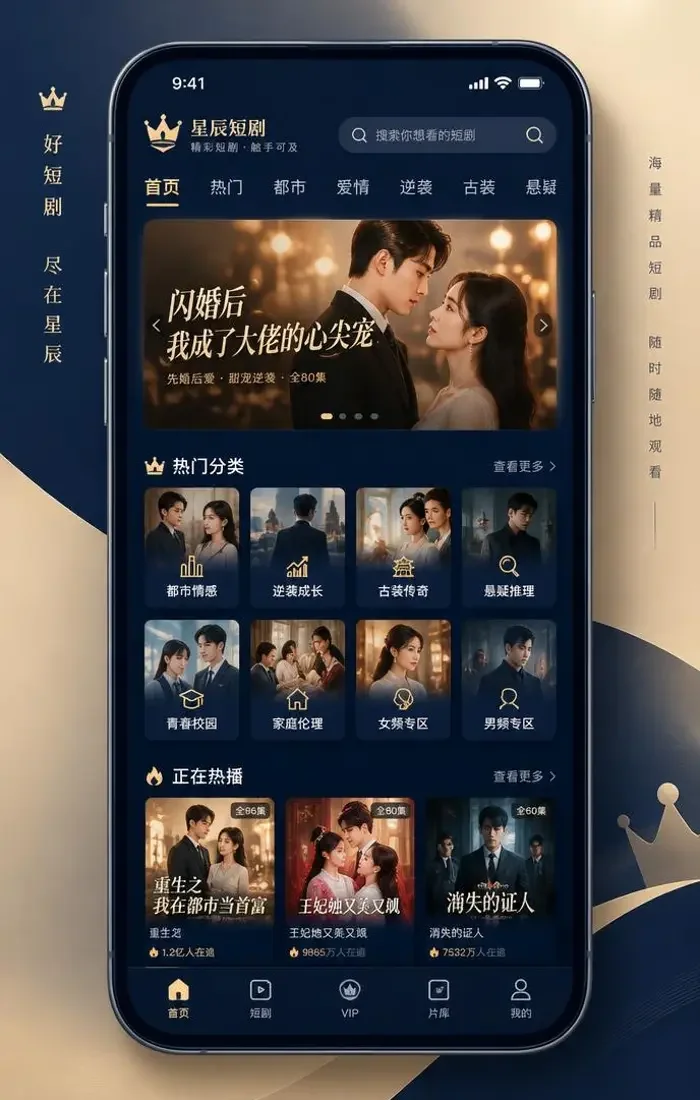 橙子短剧APP - 橙子短剧 APP 首页界面,轮播与分类内容区 橙子短剧 APP 首页界面,轮播与分类内容区