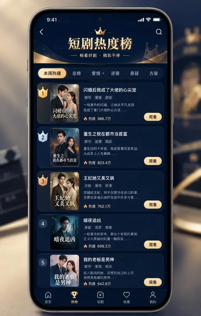 橙子短剧APP - 橙子短剧 APP 升职榜界面,编号排行与封面缩略图 橙子短剧 APP 升职榜界面,编号排行与封面缩略图