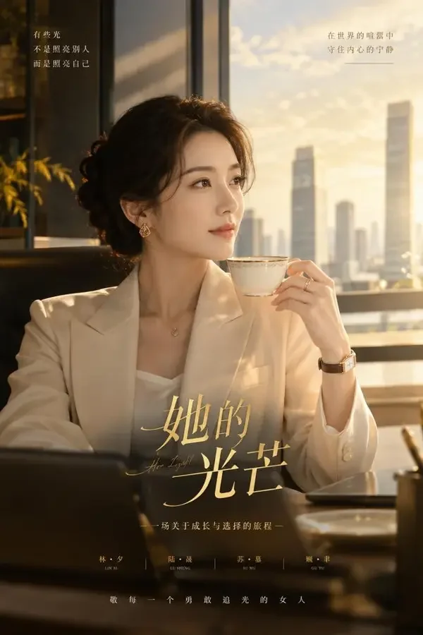 橙子短剧《总裁办公室的下午茶》封面，优雅女性在办公室端着茶杯